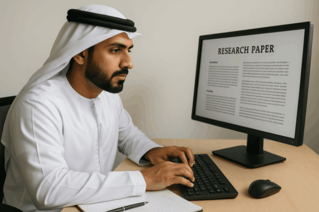 An emirati doing research paper writing